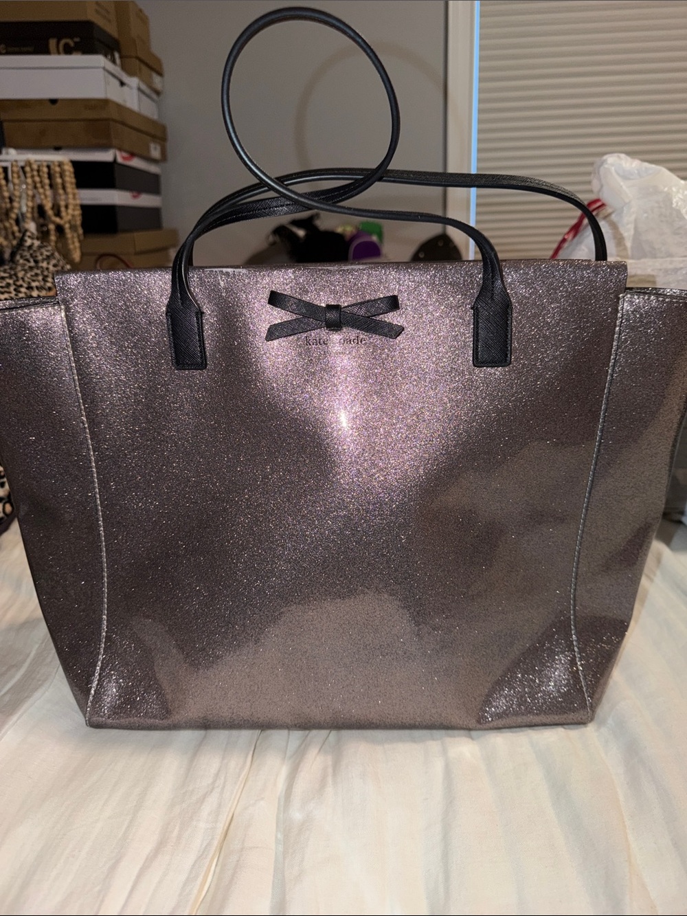 kate spade Metallic Plum Glitter Tote with Black Handles